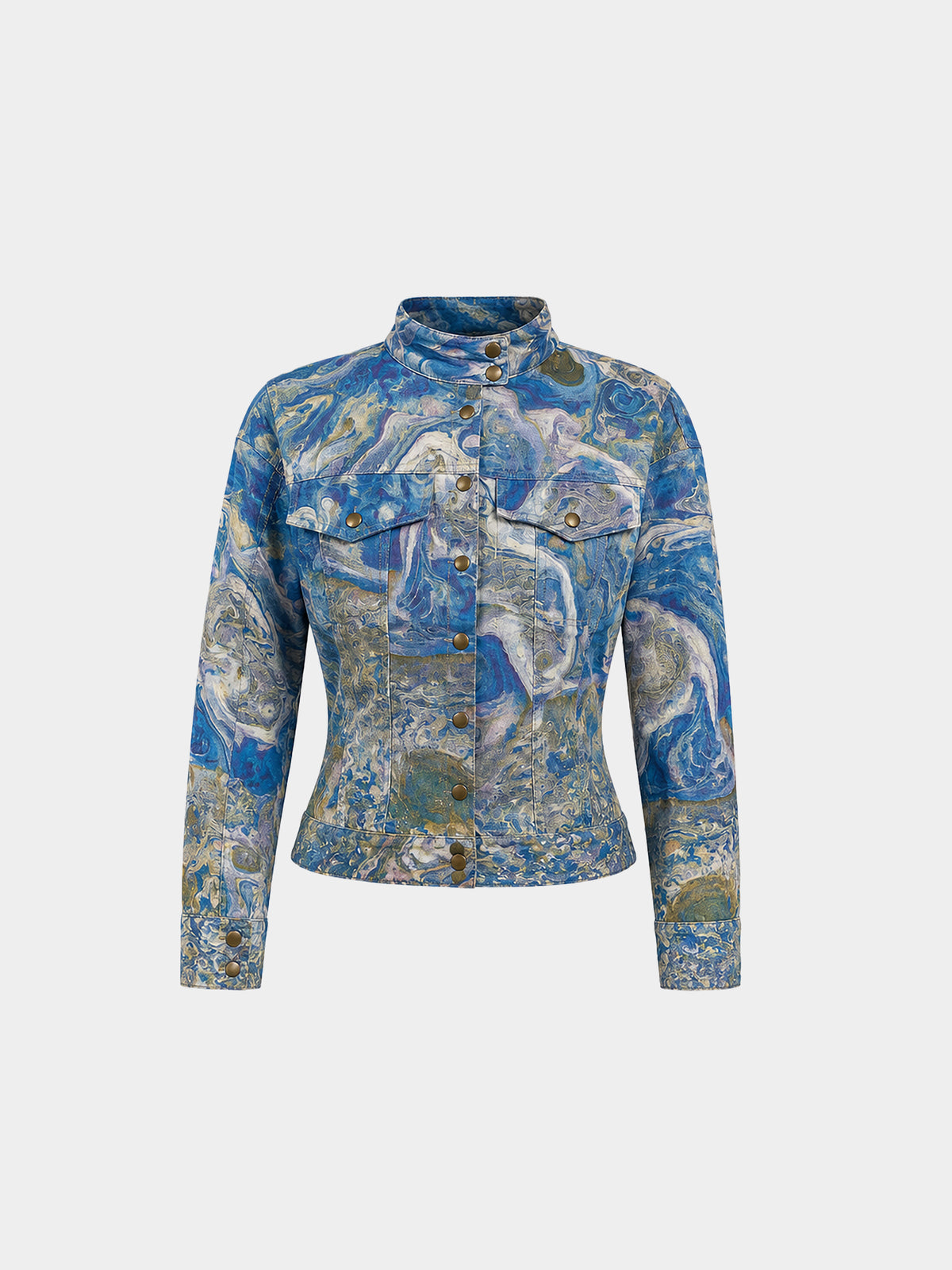 Jupiter Denim Jacket by Irina Voinea, fitted cotton denim jacket with oversized shoulders and Jupiter print, studio image 2