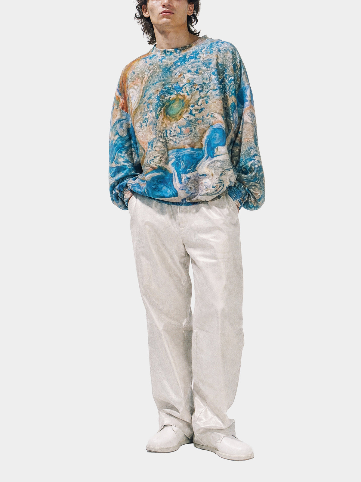 Jupiter Jumper by Irina Voinea, printed cotton long sleeved top with Jupiter motif, studio image 2