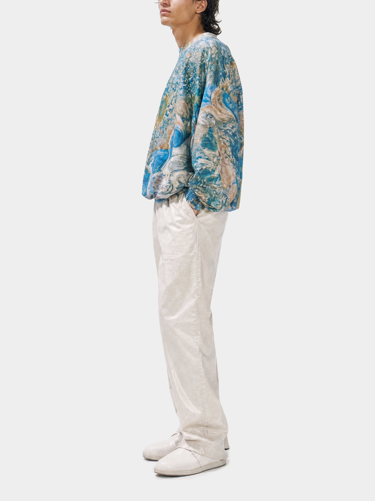 Jupiter Jumper by Irina Voinea, printed cotton long sleeved top with Jupiter motif, studio image 4