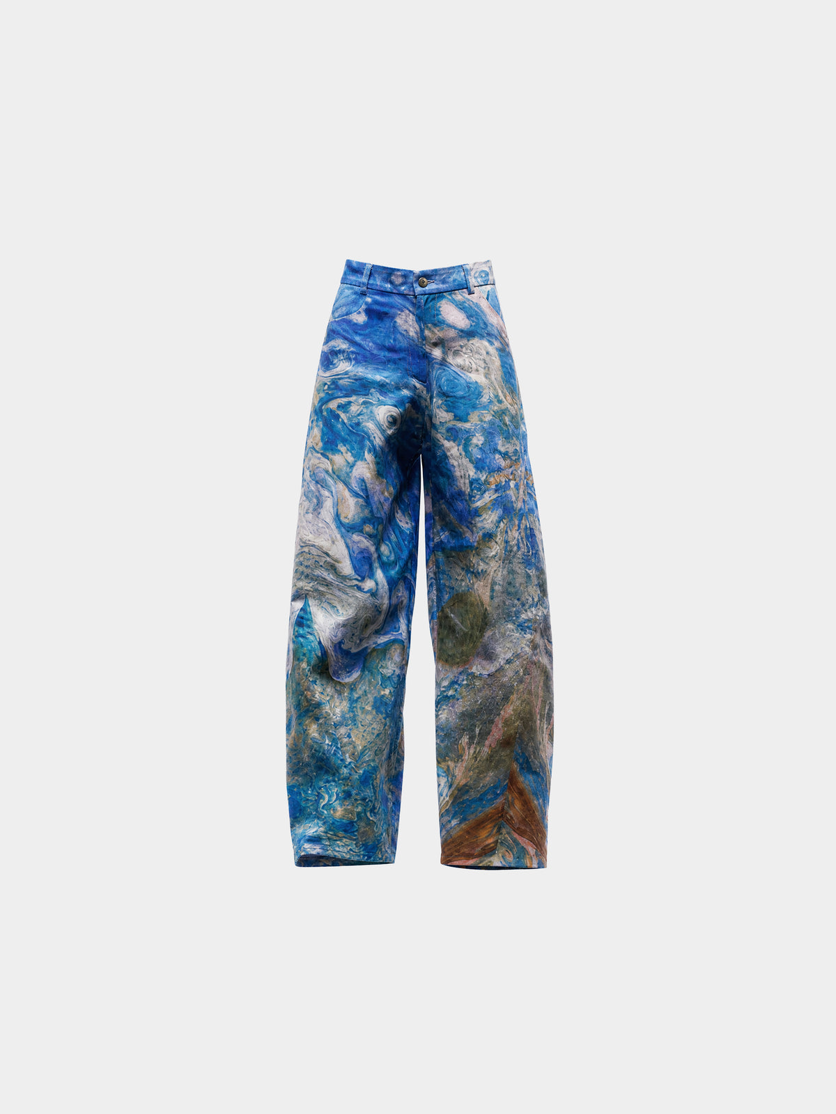Jupiter Denim Trousers by Irina Voinea, printed cotton twill balloon leg trousers, studio image 1