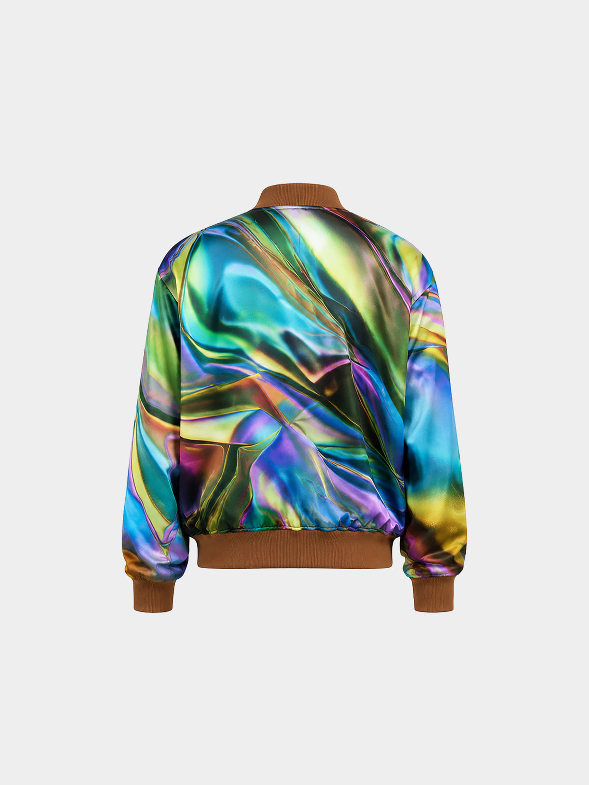 Metal Liquid Cotton Bomber by Irina Voinea, printed cotton sateen bomber jacket with liquid metal motif, studio image 1