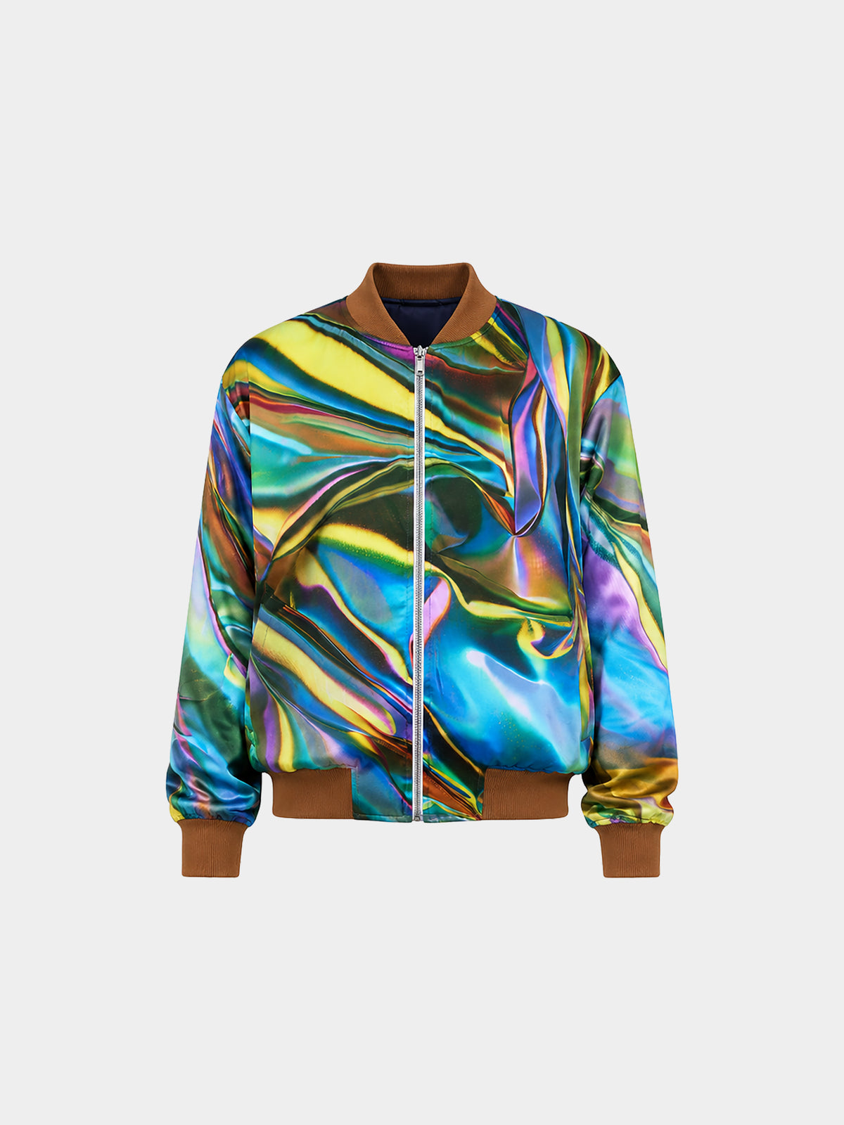 Metal Liquid Cotton Bomber by Irina Voinea, printed cotton sateen bomber jacket with liquid metal motif, studio image 2