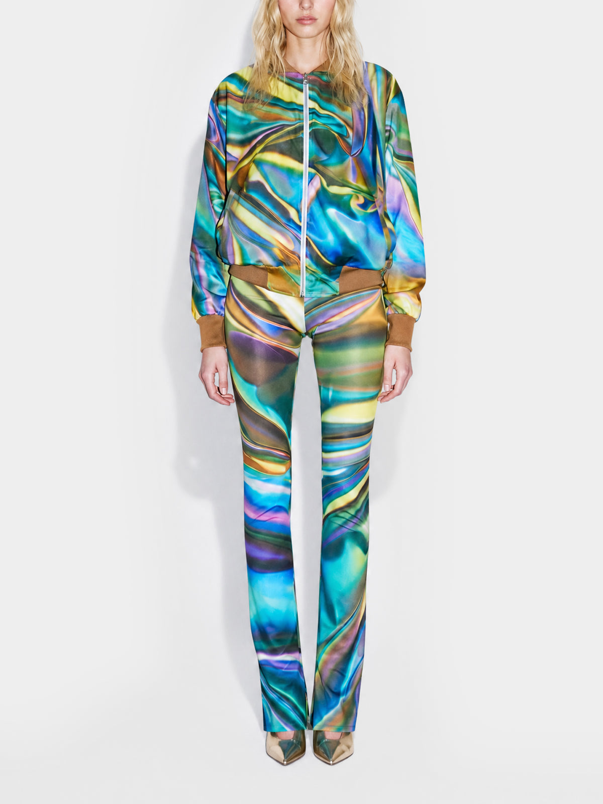 Metal Liquid Cotton Bomber by Irina Voinea, printed cotton sateen bomber jacket with liquid metal motif, studio image 3