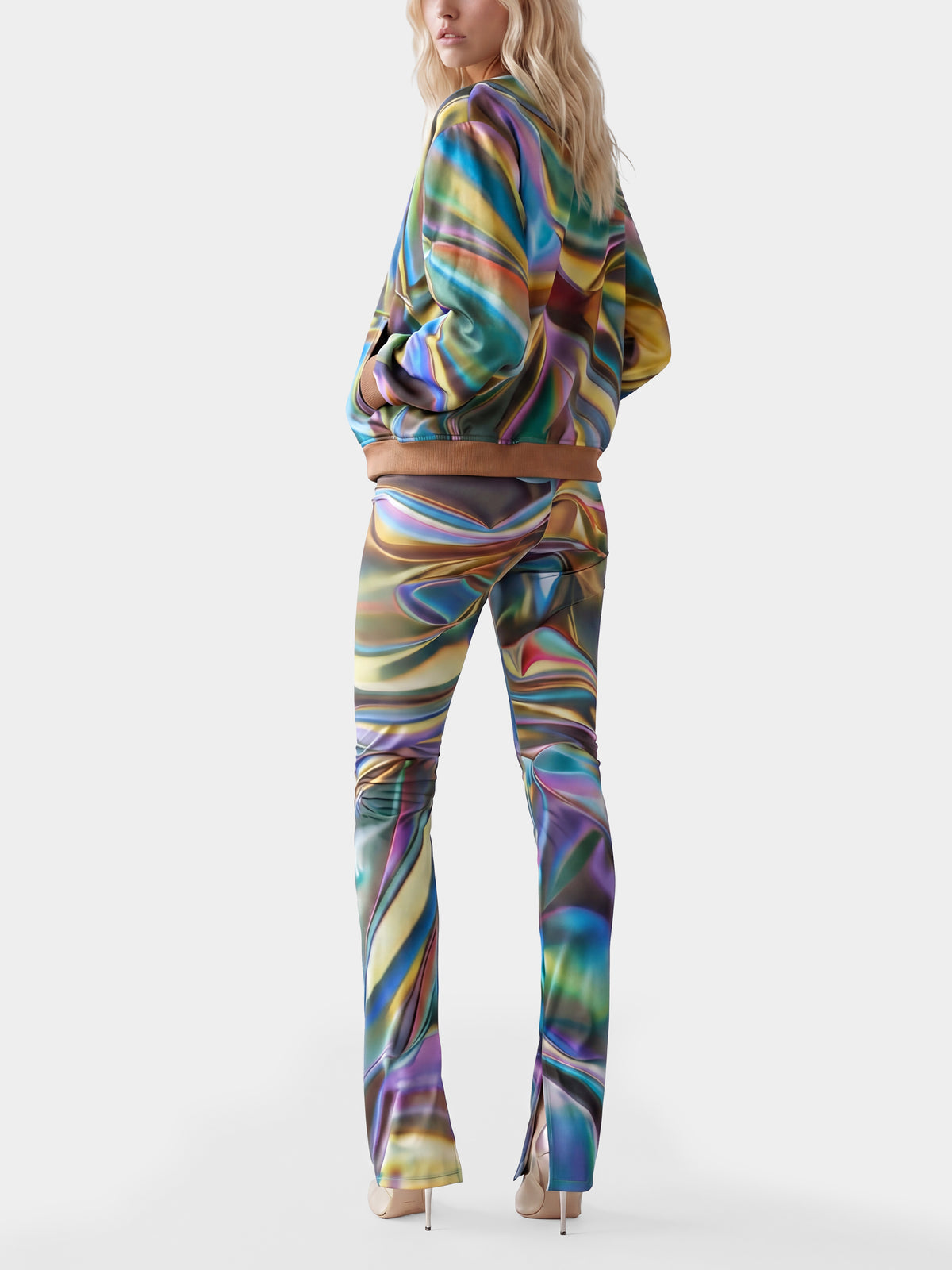 Metal Liquid Printed Leggings by Irina Voinea, printed stretch leggings with liquid metal motif, studio image 4