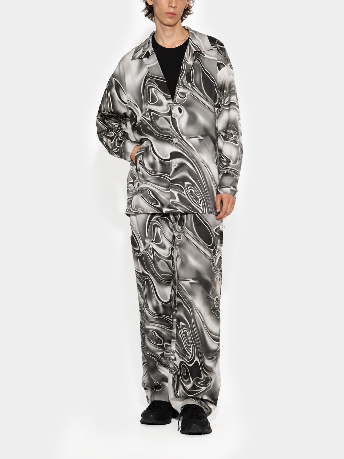 Metal Liquid Silver Denim Jacket by Irina Voinea, printed cotton twill overshirt with liquid metal motif, studio image 1