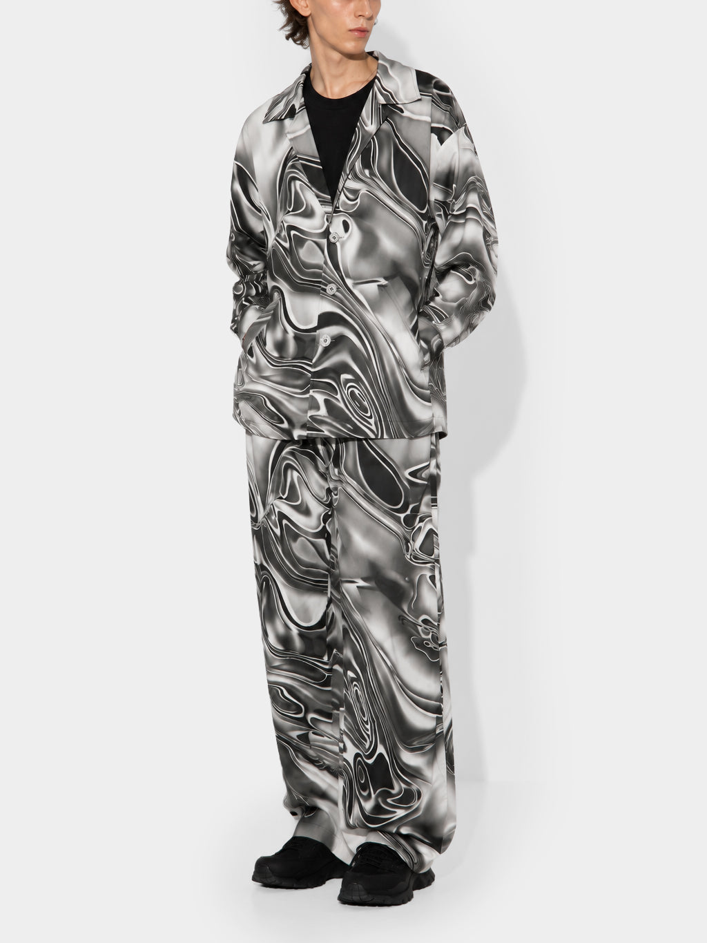 Metal Liquid Silver Denim Jacket by Irina Voinea, printed cotton twill overshirt with liquid metal motif, studio image 2