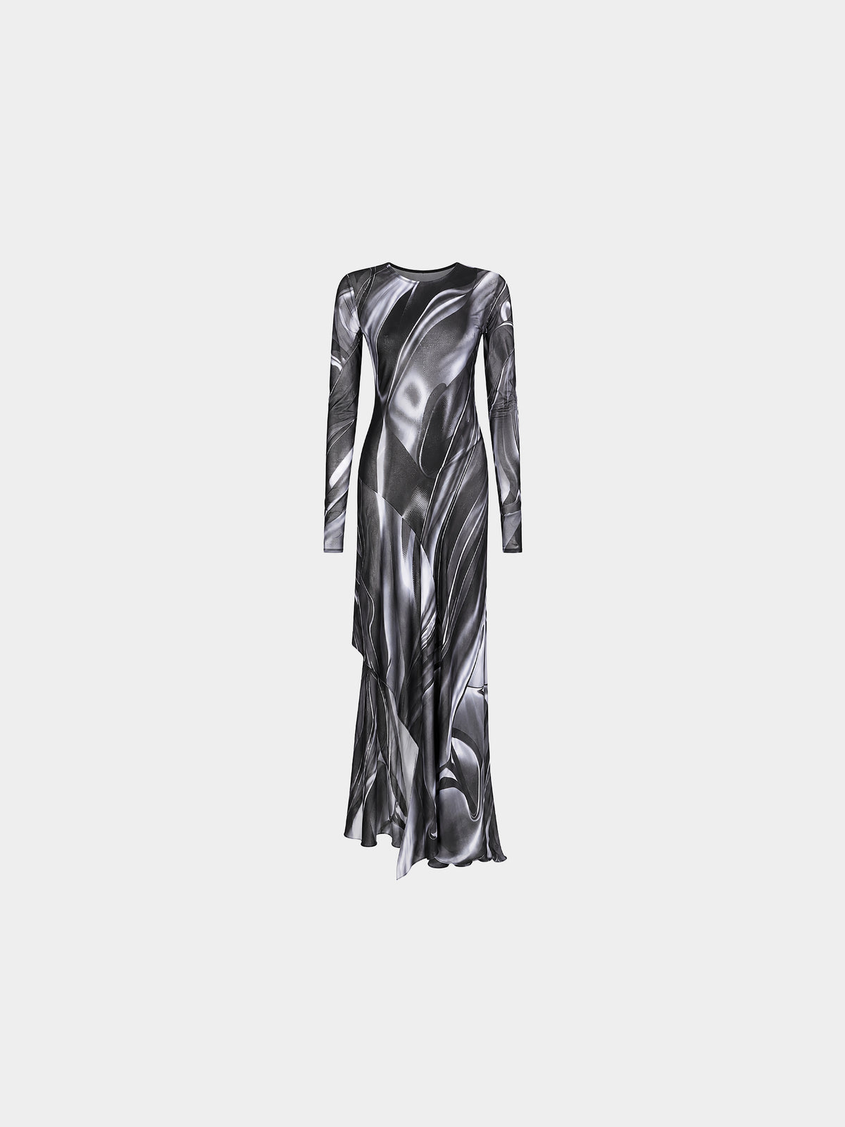 Metal Liquid Silver Dress by Irina Voinea, printed stretch dress with asymmetric flounce, studio image 1
