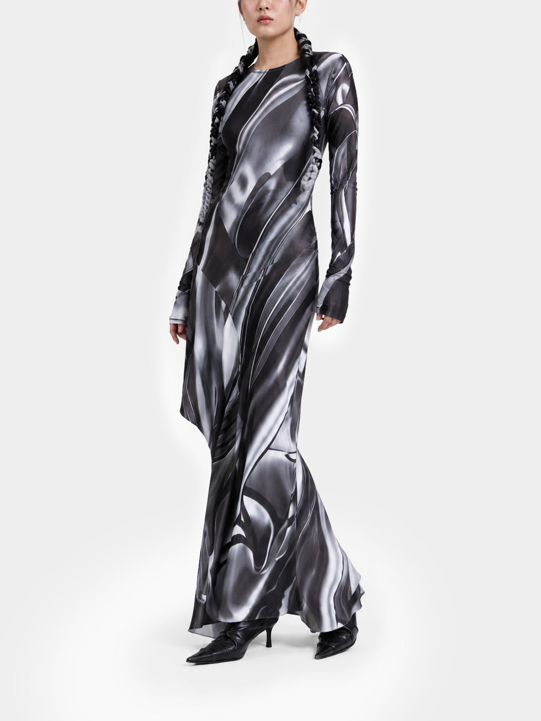 Metal Liquid Silver Dress by Irina Voinea, printed stretch dress with asymmetric flounce, studio image 2
