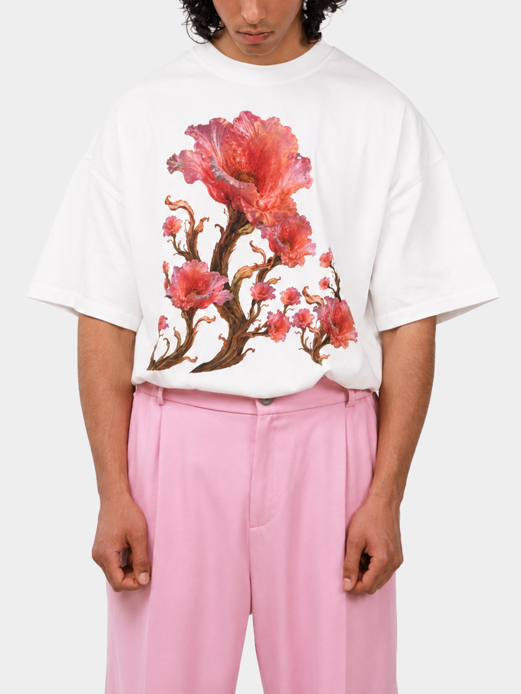 Origin Flower Organic Cotton T-shirt by Irina Voinea, oversized organic cotton t-shirt with digital flower print, studio image 3