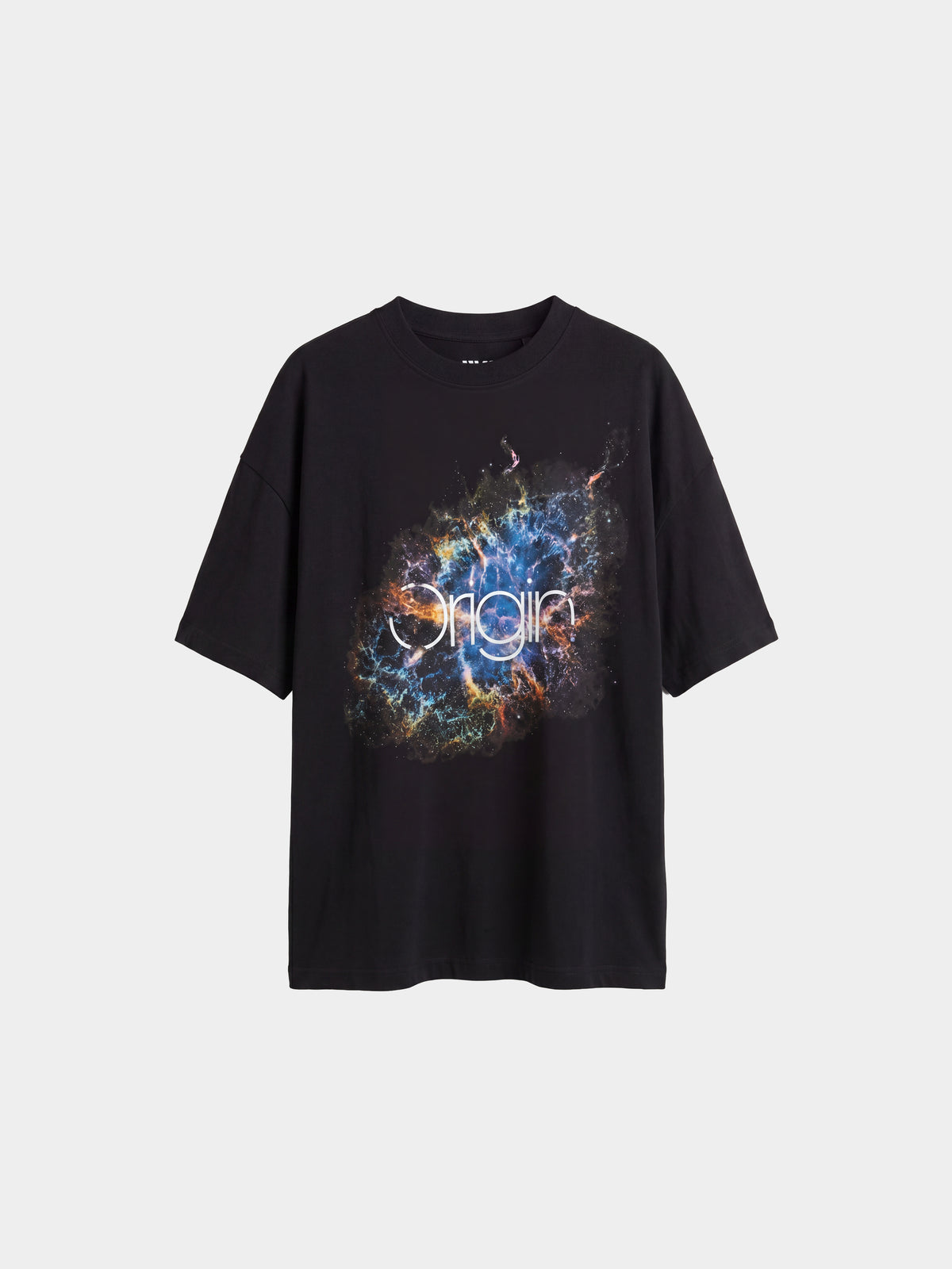Origin T-shirt by Irina Voinea, black organic cotton t-shirt with galactic print, studio image