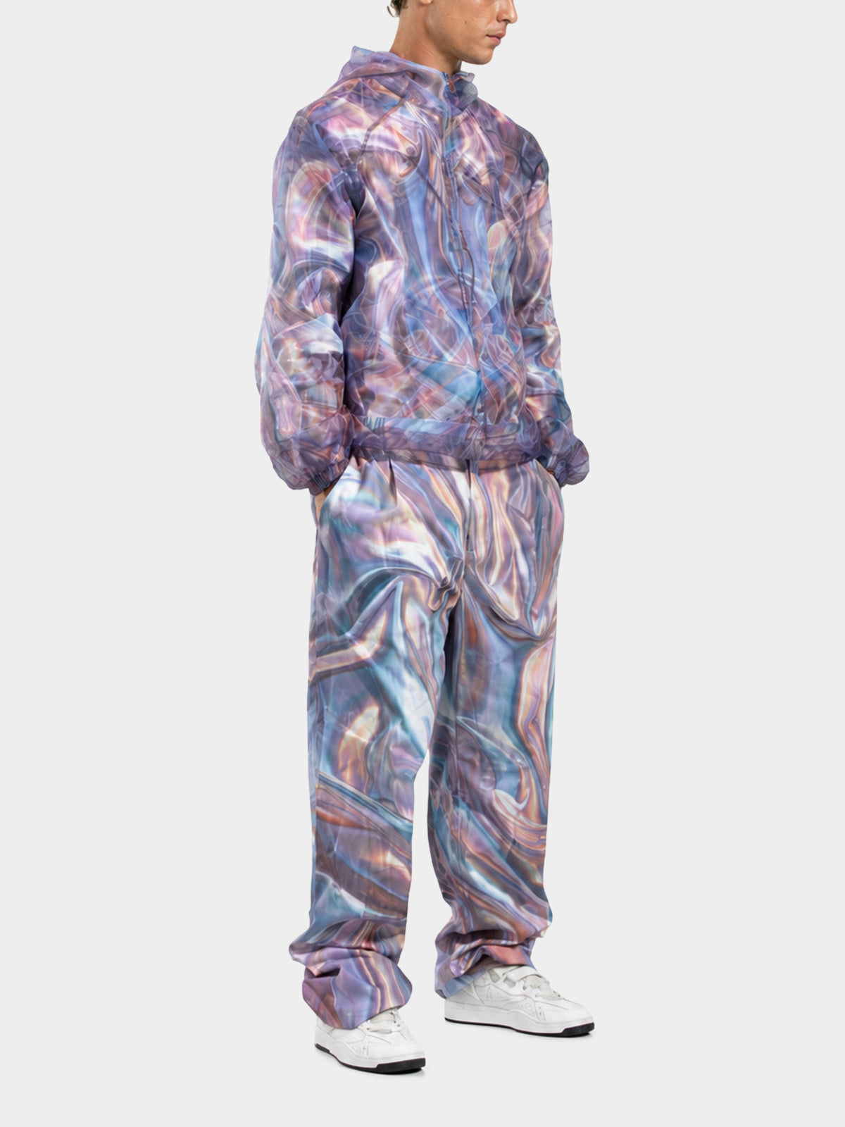Pleiadian Denim Trousers by Irina Voinea, printed cotton twill trousers with star cluster motif, studio image 2
