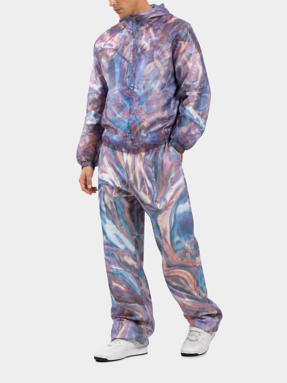 Pleiadian Denim Trousers by Irina Voinea, printed cotton twill trousers with star cluster motif, studio image 3