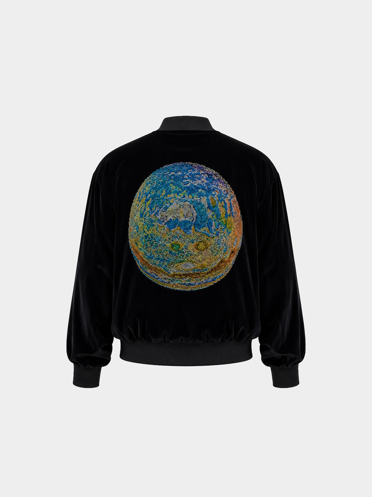Saturn Velvet Bomber Jacket by Irina Voinea, cotton velvet bomber with 3D printed Saturn and Jupiter motif, studio image 4