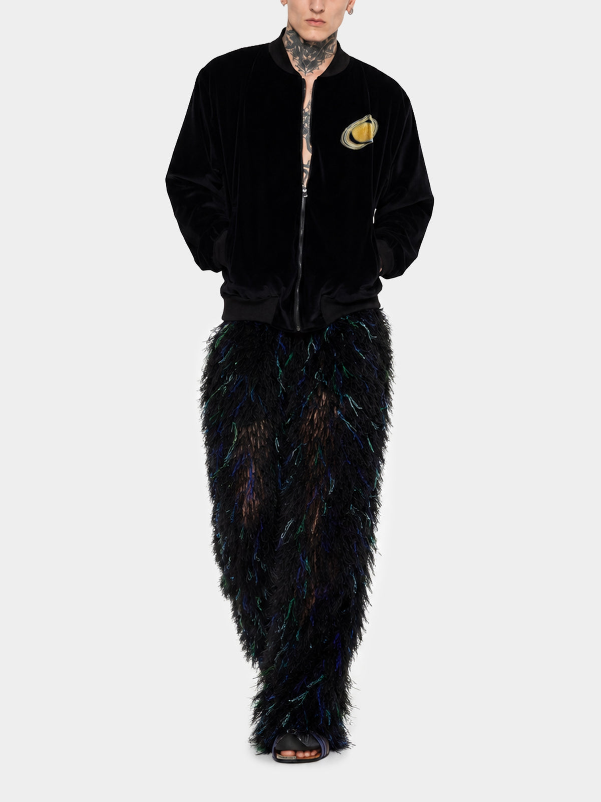 Saturn Velvet Bomber Jacket by Irina Voinea, cotton velvet bomber with 3D printed Saturn and Jupiter motif, studio image 5
