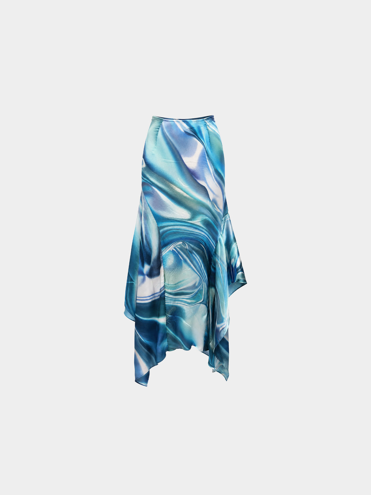 Water Turquoise Silk Skirt by Irina Voinea, turquoise silk satin skirt with two asymmetric flounces, studio image 1