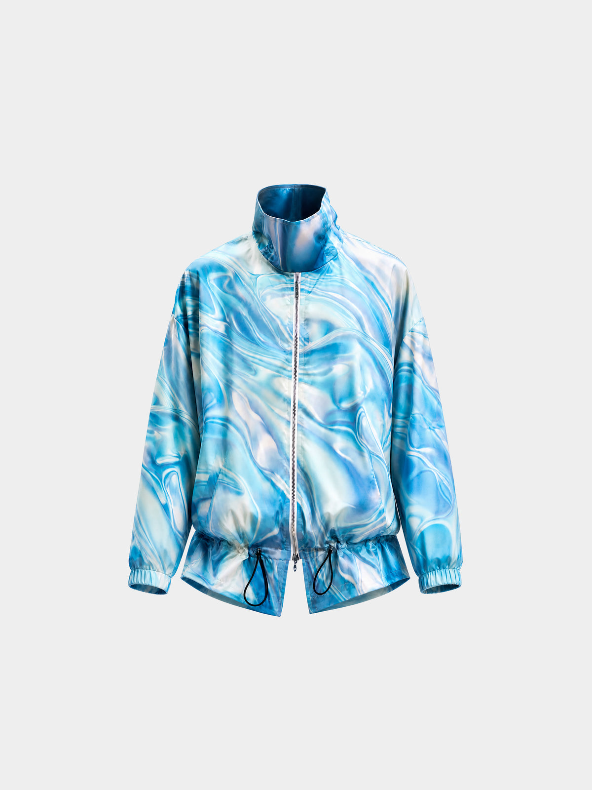Water Turquoise Windbreaker by Irina Voinea, turquoise windbreaker with high collar and oversized zip, studio image 2